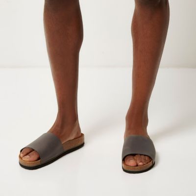 Grey leather slide sandals